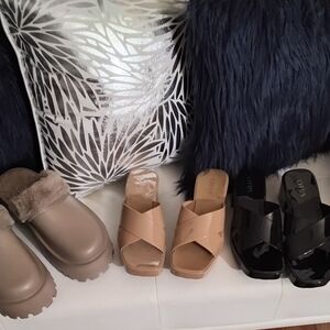 Brand New Women's Tan, Black Slide Sandals, along with a pair of comfy clogs.